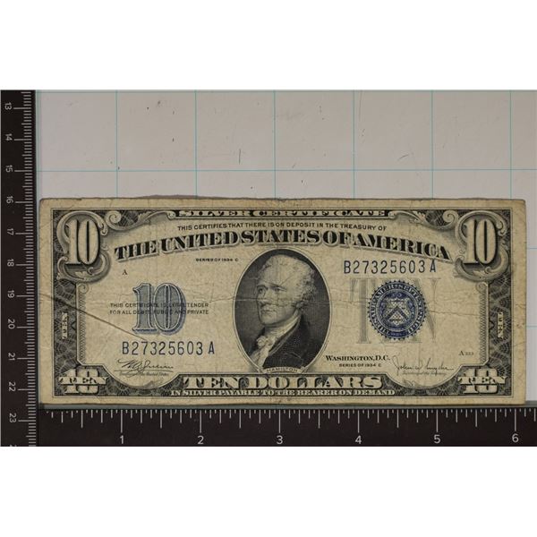 1934-C US TEN DOLLAR SILVER CERTIFICATE BLUE SEAL