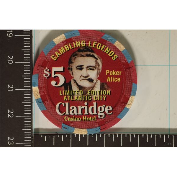 $5 CLARIDGE CASINO CHIP ATLANTIC CITY GAMBLING