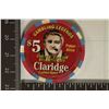 Image 2 : $5 CLARIDGE CASINO CHIP ATLANTIC CITY GAMBLING