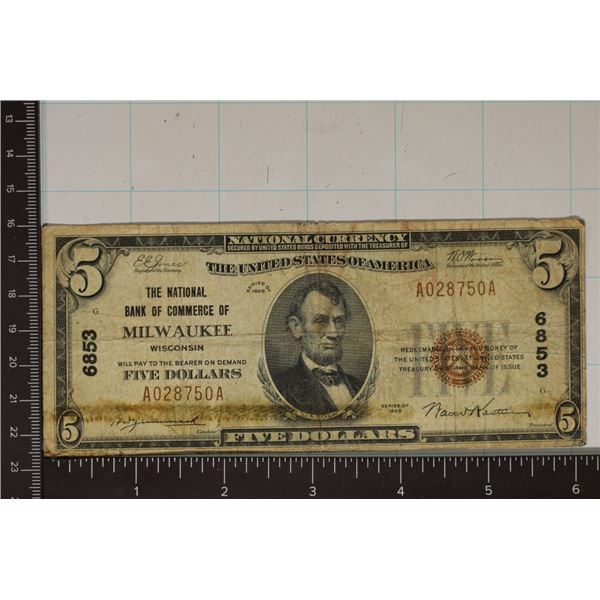 1929 US $5 BANK OF MILWAUKEE NATIONAL CURRENCY