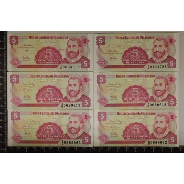 6-NICARAGUA 5 CENTAVOS BILLS: 2 SETS OF 2