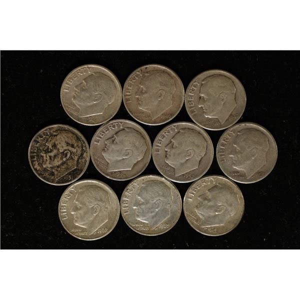 10-ASSORTED SILVER ROOSEVELT DIMES: 1946-64