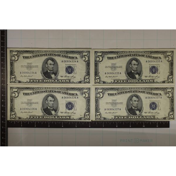 4-CU US $5 SILVER CERTS WITH CONSECUTIVE SERIALS