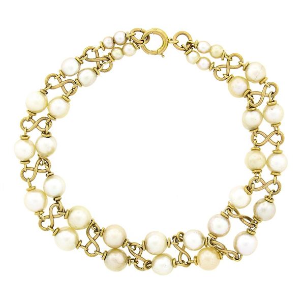 Vintage 14K Gold 6.75" Dual Row Graduating Pearl Figure 8 Infinity Link Bracelet