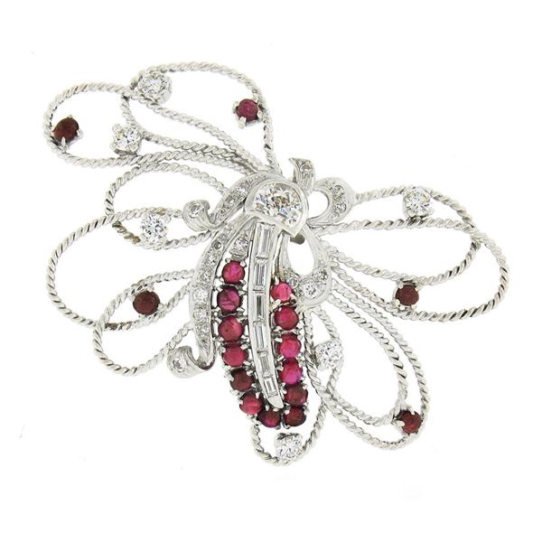 Vintage Handmade Platinum 4.75 ctw Ruby & Diamond Large Butterfly Bug Brooch Pin