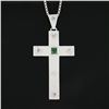 Image 3 : Unisex Vintage 18K Gold Emerald & Diamond Textured Cross Pendant & 24" Box Chain