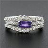 Image 2 : 14k White Gold 0.77 ctw Amethyst Solitaire & Diamond Wavy Insert Band Ring Set