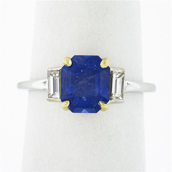 New 18K TT Gold GIA Ceylon Sapphire & Baguette Diamond 3 Stone Engagement Ring