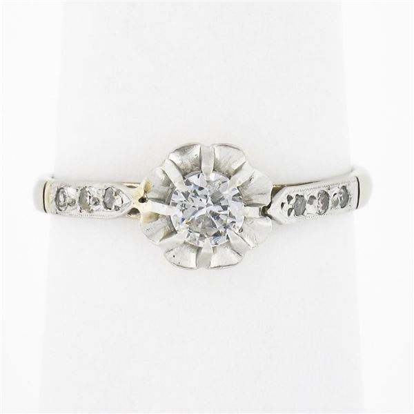 Antique Edwardian French 18k White Gold & Platinum Round Diamond Engagement Ring