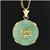 Image 5 : Vintage 14K Gold Round Light Green Jade w/ Chinese Symbol Medallion Disc Pendant