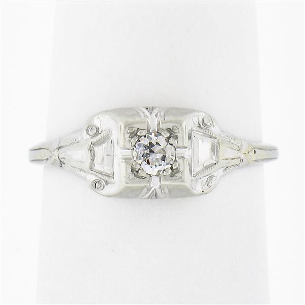 Antique Art Deco 14k White Gold Old European Cut Diamond Solitaire Promise Ring