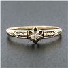 Image 2 : Petite Antique 14K Gold Buttercup Prong Set Diamond Solitaire Hand Engraved Ring