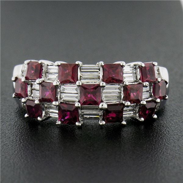 18K White Gold 2.65 ctw Square Ruby & Baguette Diamond Checkerboard Cocktail Rin