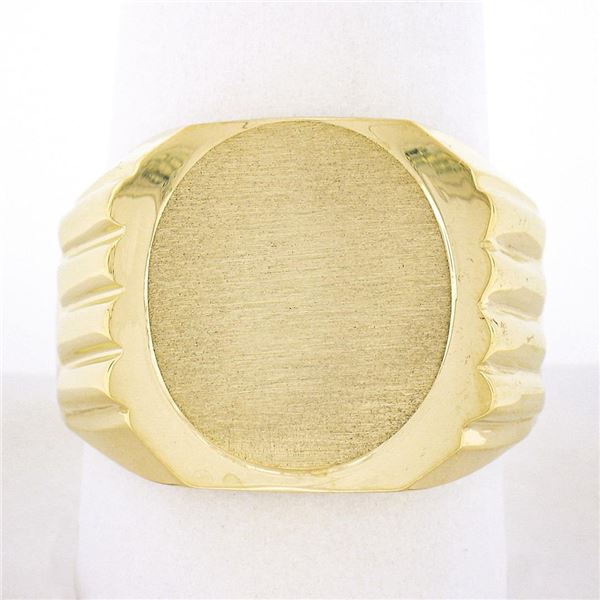Mens 14K Yellow Gold Engravable Oval Brushed Wide Grooved & Polished Signet Ring