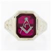 Image 4 : Antique 10K White Gold Bezel Set Red Stone w/ Detailed Sides Masonic Band Ring