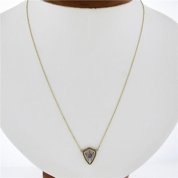 Antique 14k TT Gold Purple Stone Open Work Petite Shield Pendant w/ Cable Chain