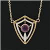 Image 3 : Antique 14k TT Gold Purple Stone Open Work Petite Shield Pendant w/ Cable Chain