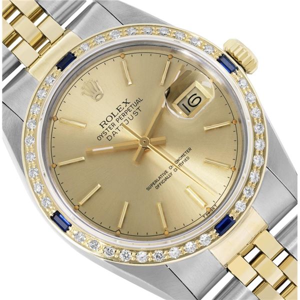 Rolex Mens Two Tone Champagne Index Dial Yellow Gold And Sapphire Datejust With