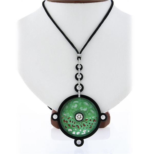 Vintage Georg Hornemann Carved Jadeite Jade Black Onyx Diamond Pendant Necklace