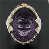 Image 2 : Antique Art Deco 14k Gold Oval Carved Amethyst Filigree Floral Ring w/ Bow Sides