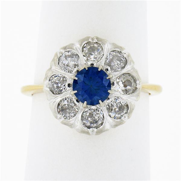 Antique FRENCH 18k TT Gold GIA NO HEAT Sapphire & Diamond Flower Cluster Ring