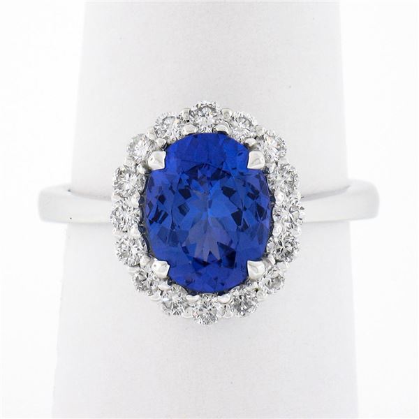 14k White Gold 2.60 ctw Violet Blue Oval Tanzanite w/ Round Diamond Halo Ring