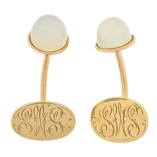 Antique 14K Yellow Gold 9mm Round Cabochon Bezel Set White Moonstone Cuff Links