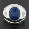 Image 2 : Mens 14k White Gold Simulated Lindy Blue Star Sapphire & Diamond Pinky Dome Ring