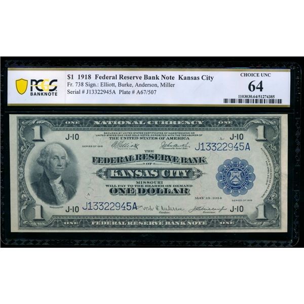 1918 $1 Kansas City FRBN PCGS 64