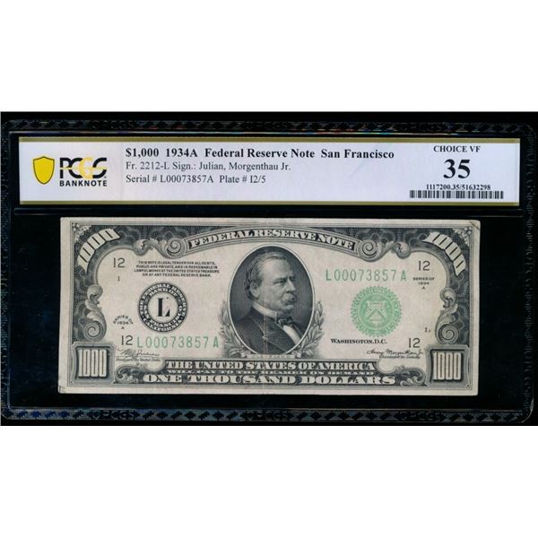 1934A $1000 San Francisco FRN PCGS 35