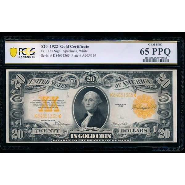 1922 $20 Gold Certificate PCGS 65PPQ