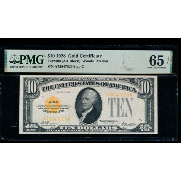 1928 $10 Gold Certificate PMG 65EPQ