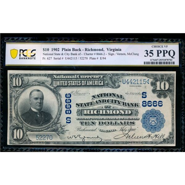 1902 $10 Richmond VA National PCGS 35PPQ