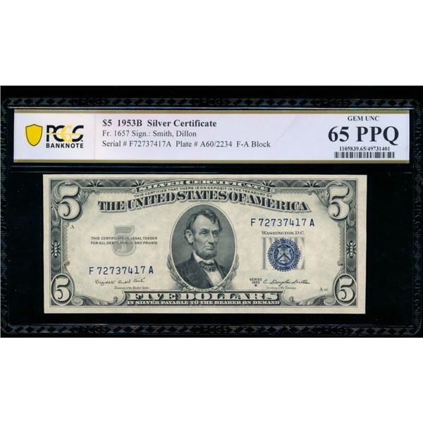 1953B $5 Silver Certificate PCGS 65PPQ