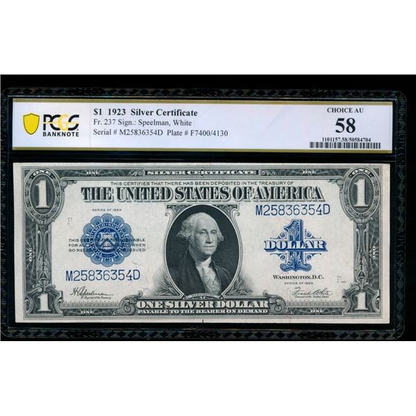 1923 $1 Silver Certificate PCGS 58