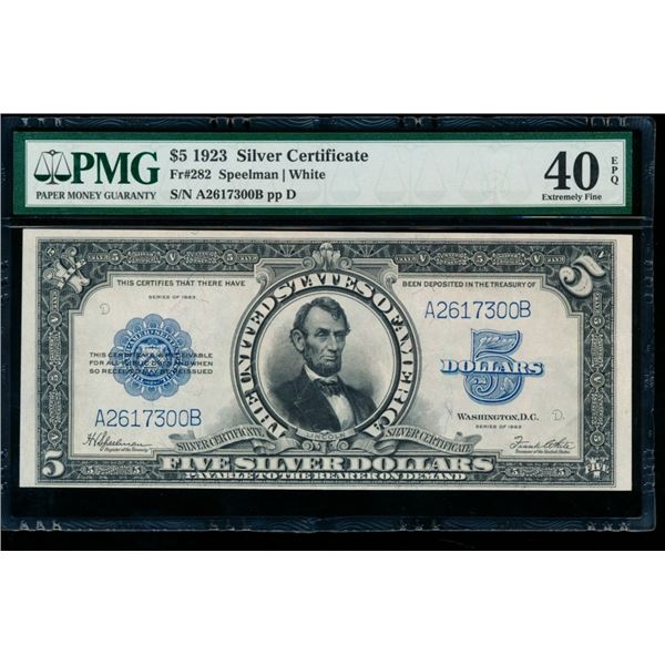 1923 $5 Lincoln Porthole Silver Certificate PMG 40EPQ