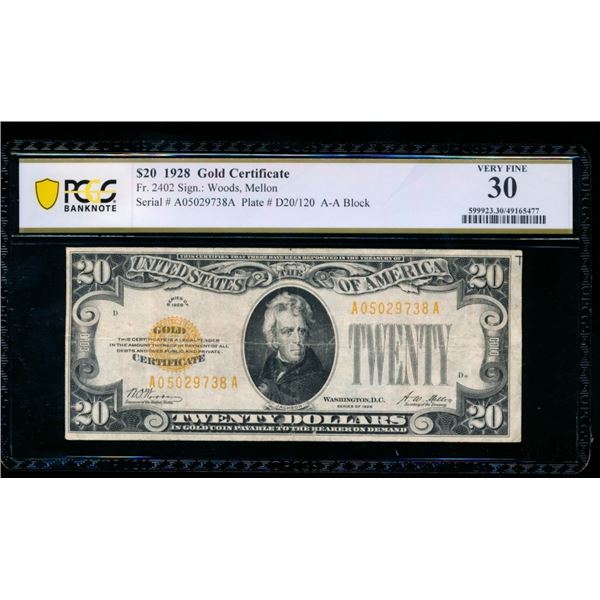 1928 $20 Gold Certificate PCGS 30