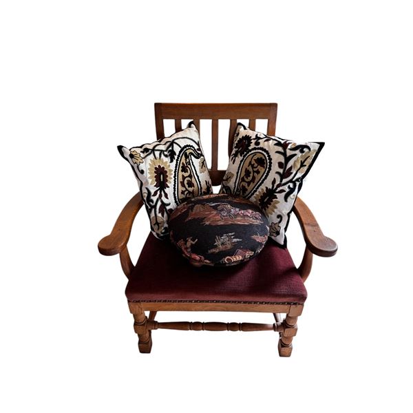 Vintage Wooden Carved Arm Chair With Western Themed Stool & 2 Decorative Pillows