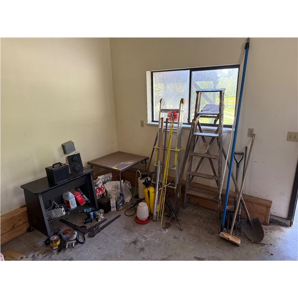 Assorted Tools, Ladder, Chimney Cleaner Fertilizer, Makita Drill, Tables, & More
