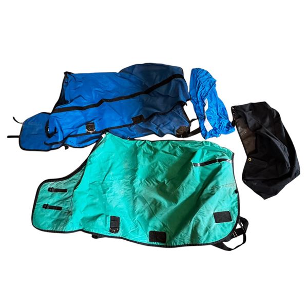 2 Medium Size Horse Summer Season Blankets  (68-70" In Length) & Cool Down Wrap + Hay Bag For Traile