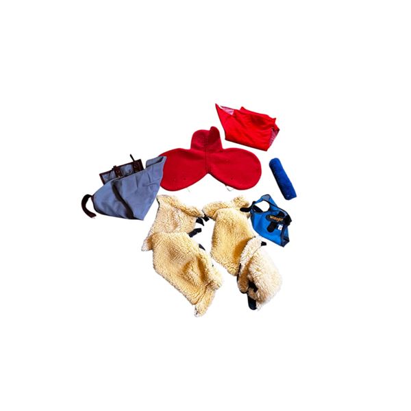 Assorted Horse Accessories: English Saddle Pad, Fly Mask, Protective Trailering Gear, & More