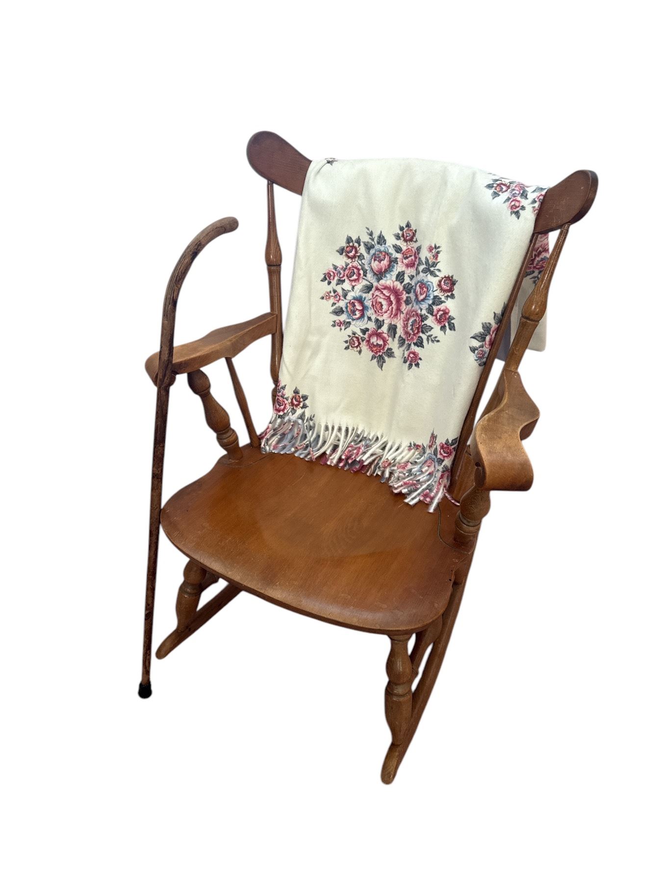 Vintage Windsor Back Rocking Chair, Wooden Cane, & Throw Blanket