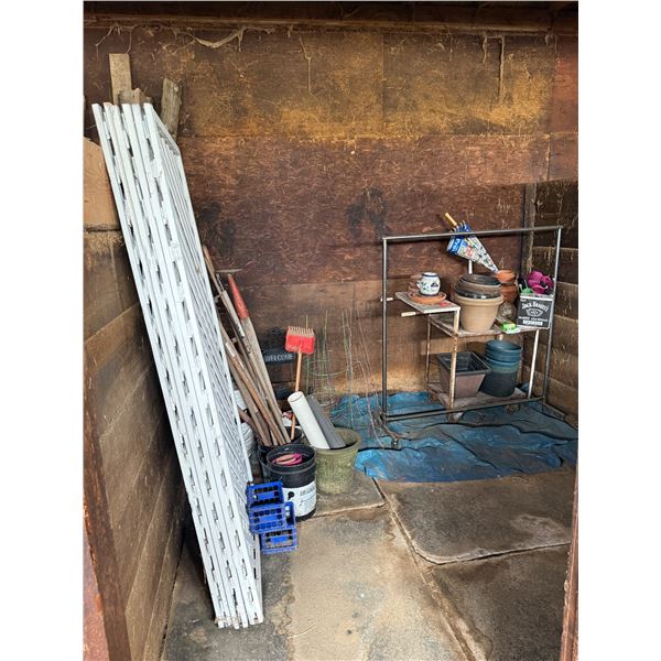 Variety Lot: Clothjing Rack, Welcome Signs, Fencing, Garden Tools, Planters, Rolling Dolley, & More