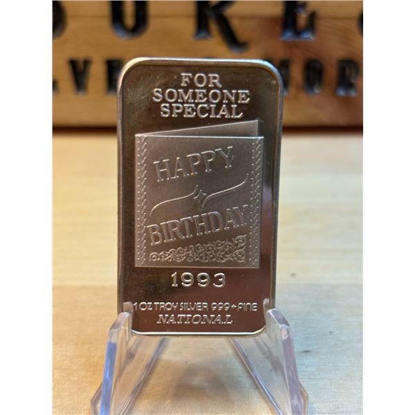 Lot 62-1) 1 oz Happy Birthday 1993 silver bar