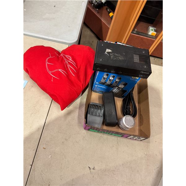 phones, quest, heart pillow , and speakers