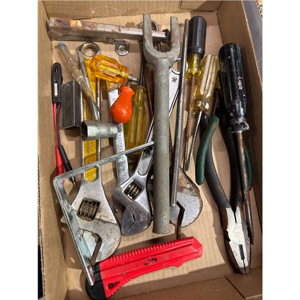 Assorted hand tools, wrenches, pickle, fork, etc.