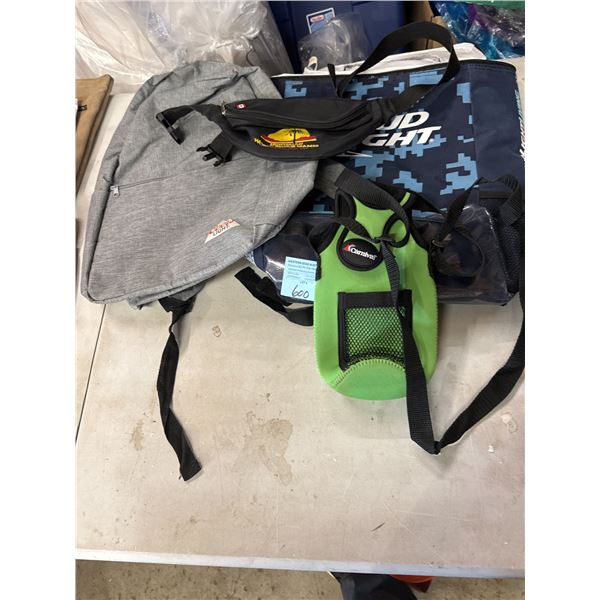 Coors light backpack, fanny pack, and Bud Light cooler bag