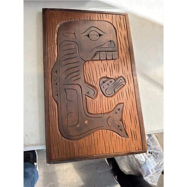 Whale and raven cedar panel signed Wanik 74, 11" x 18"