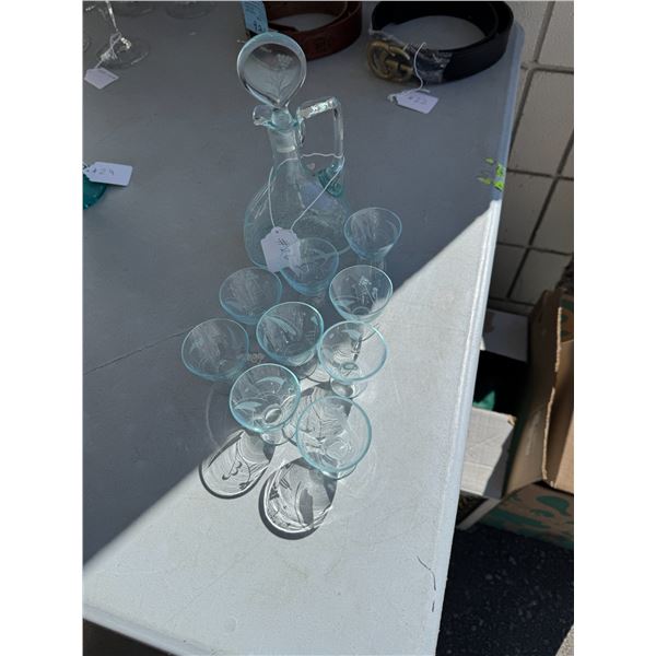 Antique glass, liquor, decanter, and glasses rooster pattern