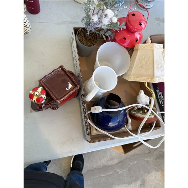 Assorted  decor, lamp, elephant, decanter, etc.